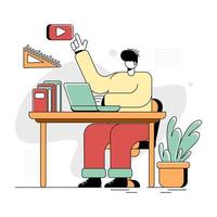 flache Illustrationsvektorgrafik der Online-Bildung, das Konzept eines Mannes, der durch einen Laptop auf einem Tisch neben einem Buch studiert, minimaler Retro-Stil in grün-rot-gelb, perfekt für die Entwicklung von ui ux