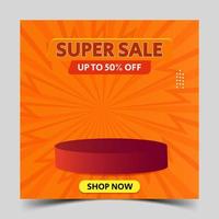Super-Sale-Rabatt-Banner mit leerem Podium-Emoji-Symbol, das Social-Media-Instagram-Post-Vorlage auf orangefarbenem Hintergrund zeigt vektor