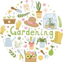 Garten runder Kranz mit Schriftzug, Rahmen mit Gartengeräten, Blumen, Pflanzen. isoliert auf weißem Hintergrund. vektor