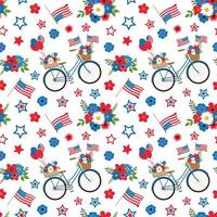 4. juli patriotisches blaues fahrrad mit amerikanischen flaggen, blumen und nahtlosem muster der luftballons auf weißem hintergrund. isoliert auf weißem Hintergrund. designhintergrund zum unabhängigkeitstag. vektor