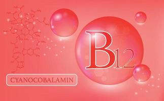 vitamin b12, cyanocobalamin, wassertropfen, kapsel auf rosa hintergrund. Vitaminkomplex mit chemischer Formel. Informationen medizinisches Plakat. Vektor-Illustration vektor