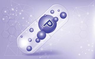 mineralstoffe phosphor und vitamin in einer durchscheinenden kapsel, makronährstoff, nahrungsergänzungsmittel auf violettem hintergrund, medizinisches informationsplakat. Vektor-Illustration vektor