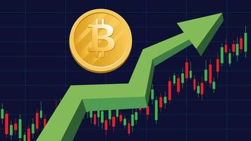 Bitcoin-Währung steigt. bitcoin auf grüner grafischer vektorillustration vektor