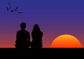 Grafiken, die Paarjungen und -mädchen zeichnen, sitzen mit Sonnenuntergang oder Sonnenaufganghintergrund und hellem Orange und Blau des Himmelsvektor-Illustrationskonzeptes romantisch vektor