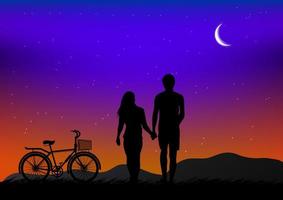 siluettbild en cykel med månen på himlen på natten design vektorillustration vektor