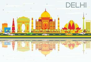 Delhis skyline med färgbyggnader, blå himmel och reflektioner. vektor