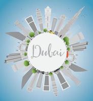 Dubai stadssilhuett med grå skyskrapor, blå himmel och kopieringsutrymme. vektor