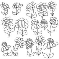 uppsättning kontur doodle solrosor, stiliserade blommor för målarbok eller design vektor