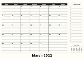März 2022 monatlicher Business Desk Pad Kalender. vektor