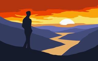 Silhouette des Mannes, der den wunderschönen Sonnenuntergang auf dem Hügel betrachtet vektor