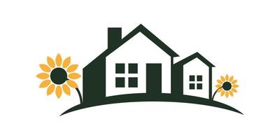 das Logo von Zuhause, Wohnen, Bewohnern, Immobilien, mit einem Konzept, das die ländliche Natur mit einem Hauch von Blättern und Sonnenblumen präsentiert vektor