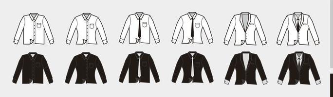 formelle Kleidung in weiß und schwarz mit Krawatte und Tasche. langärmlige formelle Kleidung und Smoking in schwarzen Farben für Produktionskleidung, Werbung, Bekleidungstextilien