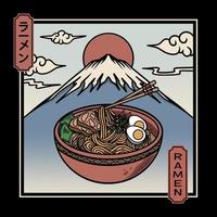 vektorillustration köstlicher japanischer ramen-nudeln auf schüssel mit retro-flachem stil der weinlese. Japanisches Kanji bedeutet Ramen vektor