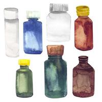 uppsättning piller flaska vattenfärg illustrationer isolerad på vit bakgrund vektor