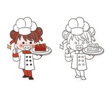 söt ung kock flicka ler och håller en bit av strawberry pie.cartoon vektor konst illustration