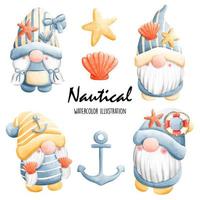 vattenfärg nautiska gnome, hav. vektor illustration