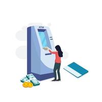 eine Vektorillustration eines modernen Geldautomaten und Bargeld. Geldautomat. Symbol für Bankautomaten. flacher isometrischer vorlagenstil, der für web-landingpages geeignet ist. vektor