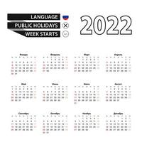 Kalender 2022 in russischer Sprache, Woche beginnt am Sonntag. vektor