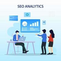 seo-analyseteam, suchmaschinenranking, seo-erfolg, seo-optimierung, illustration mit symbolen und charakter. flacher Vektorvorlagenstil, geeignet für Web-Landing-Pages. vektor