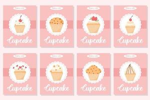 Bäckerei-Flyer-Set. sammlung von postern mit cupcakes und muffins. Vektor-Illustration. Banner mit Cupcakes mit Sahne, Kirschen, Erdbeeren und Schokolade.