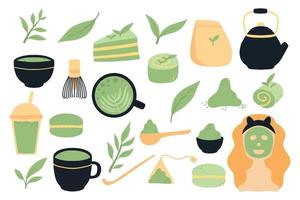Matcha-Tee. Vektorset aus Bio-Tee-Matcha-Pulver, Teeblättern, Teekanne, Macarons, Löffel, traditioneller Tasse, Schneebesen, Werkzeugen für japanische Zeremonien. Matcha-Grüntee-Zeremonie. gesundes Getränk