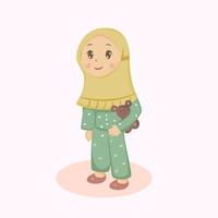 niedliche kleine hijab mädchen umarmung teddybär karikaturillustration