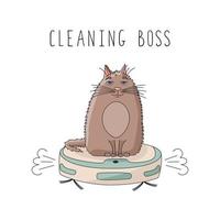 Reinigungschef. süße katze auf einem roboterstaubsauger. das konzept von sauberkeit und reinigung. Poster im Doodle-Stil. vektor