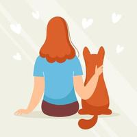 ung kvinna sitter på ryggen med hund, husdjur. kärlek och vänskap med djur. veterinärklinik. vektor illustration i tecknad stil