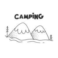 niedliche gekritzelgebirgslandschaft mit schriftzug camping. vektorumriss handgezeichnete illustration. vektor