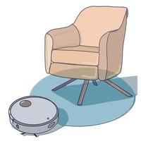 intelligenter Roboterstaubsauger reinigt ein Zimmer mit einem Sessel, moderne intelligente Haushaltsgeräte zum Reinigen einer Wohnung. flacher Vektor