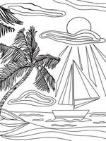 sonniger strand mit palmen und ozean, urlaub am meer, reise mit dem schiff mit segelillustrationsmalbuch vektor