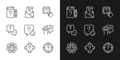 notwendige lineare symbole für den informationsdienst, die für den dunklen, hellen modus eingestellt sind. nach Gleichungen fragen. Lösung finden. dünne liniensymbole für nacht, tag thema. isolierte Illustrationen. editierbarer Strich vektor