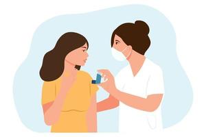 Bronchialasthma Diagnose, Behandlung und Medizin, Kurzatmigkeit, Atemstillstand, Allergie Husten.Arzt und Patient.Asthma-Inhalator gegen Angriff. Vektor-Illustration vektor