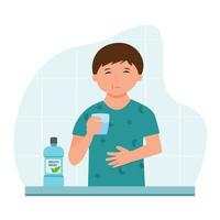 Junge mit Mundwasser für frischen Atem und Plaque-Prävention im flachen Design. tägliche Mundhygiene-Routine. zahngesundheitskonzept.spülen sie ihre mundvektorillustration