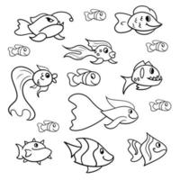 Ein großer Satz glücklicher Cartoon-Fische aus dem Aquarium und dem Ozean, exotische Fische, monochrome Vektorgrafik, Malbuch. vektor