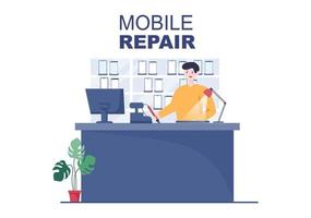 mobile reparatur eines telefon- oder smartphone-elektronikdienstes mit defektem bildschirm und maschinenausfall in flacher karikaturillustration vektor