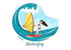sommer windsurfen von wassersportaktivitäten karikaturillustration mit reitet die tonnenförmigen rauschenden wellen oder schwimmt auf paddelbrett im flachen stil vektor