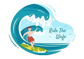sommer surfen von wassersportaktivitäten karikaturillustration mit reitender ozeanwelle auf surfbrettern oder schwimmend auf paddelbrett im flachen stil vektor