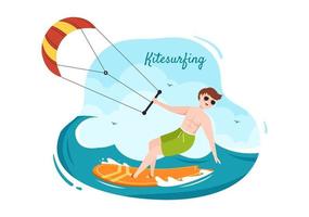 sommer-kitesurfen von wassersportaktivitäten cartoon-illustration mit dem reiten eines großen drachens auf einem brett im flachen stil vektor