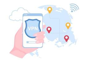 vpn eller virtuell privat nätverkstjänst tecknad vektorillustration för att skydda, cybersäkerhet och säkra hans personliga data i smartphone eller dator vektor