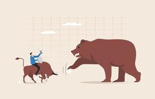 Bullish vs. Bearish Markets Börsenkonzept. Warten Sie, bis der Markt von einem Bärenmarkt in einen Bullenmarkt umkehrt. Grafik, Börse, Finanzen, Bitcoin. Anleger reiten auf Bullen, um gegen Bären zu kämpfen. vektor