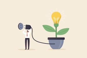 få nya idéer som påverkar verksamheten eller företaget. skapa nya möjligheter. uppfinna ny innovation. affärsman ansluta el till glödlampa träd. vektor