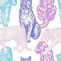 Tiger graviert nahtloses Muster auf weißem Hintergrund. vintage wilde tiere im handgezeichneten stil. vektor