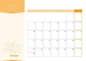 horisontell planerare för oktober 2022 i orange färgschema. veckan börjar på måndag. en väggkalender i minimalistisk stil. vektor