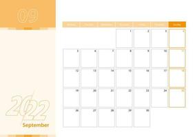 horisontell planerare för september 2022 i orange färgschema. veckan börjar på måndag. en väggkalender i minimalistisk stil. vektor