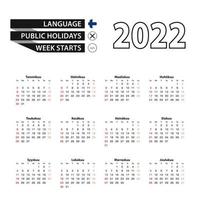 Kalender 2022 in finnischer Sprache, Woche beginnt am Sonntag. vektor