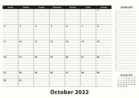 oktober 2022 månadskalender för skrivbordsunderlägg för företag. vektor