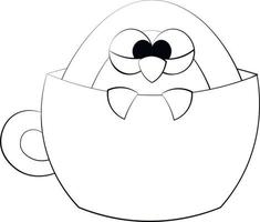 söt tecknad pingvin i en mugg. rita illustration i svartvitt vektor