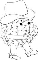 söt seriefigur kaktus cowboy. rita illustration i svartvitt vektor