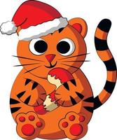 söt tecknad tiger i julhatt med godisrör. rita illustration i färg vektor